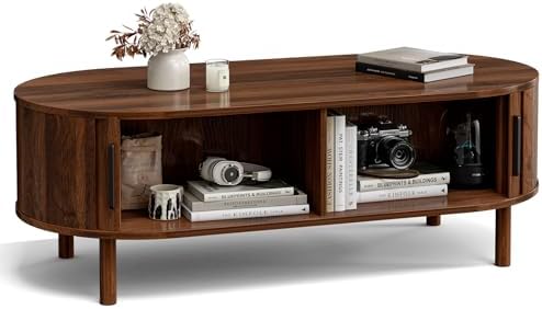 ZttRiee Oval Coffee Table with Sliding Doors, Mid-Century, Walnut - Image 7