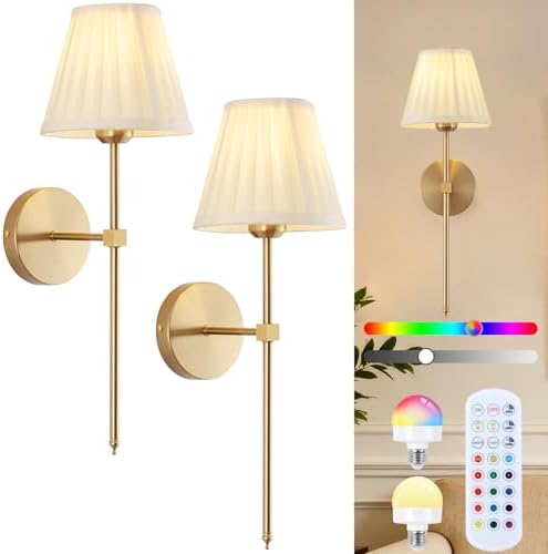 Cordless Battery Operated Wall Sconces Set of 2, Rechargeable Wall Sconce with Remote, Fabric Shade Wireless Wall Sconce Fixtures for Bedroom, Living Room, Bedside (2 Bulbs Included) by Unknown