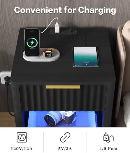 Akxomel Fluted Nightstand Set 2 Bedside Table with Charging Station Black - Image 6