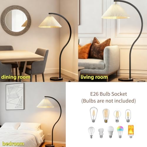 MIXL-Modern Black Arc Floor Lamp,1-Lights Curved Standing Lamp with Rotatable Pleated Fabric Shade,3-Colors Dimmable Bedroom Floor Lights, Indoor Arched Standing Light for Living Room Corner Office - Image 5