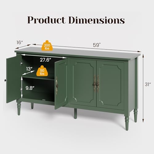 RoyalCraft 118" Buffet Cabinet with Storage, Vintage Sideboard with Adjustable Shelves, Mid Century Modern Painted Credenza Coffee Bar for Kitchen, Dining Room, Entryway, Living Room, Forest Green - Image 2