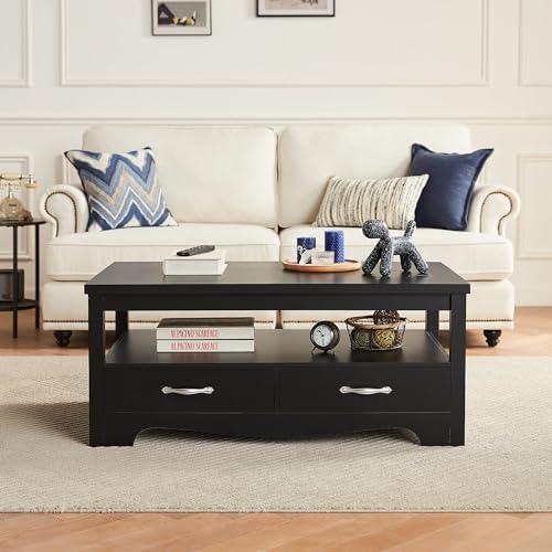 LINSY HOME Farmhouse Coffee Table with Storage, Wood Coffee Table for Living Room, Open Display Area and Storage Drawers with Metal Handles, Chic Style with Curved Base, Black - Image 7