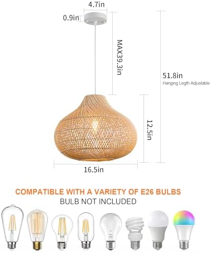 Rattan Pendant Light, 16.5" Hand-Woven Wicker Chandelier Boho Hanging Light Fixture, Farmhouse Natural Raindrop Basket Ceiling Light for Dining Room Kitchen Island Bedroom Living Room, E26 - Image 6