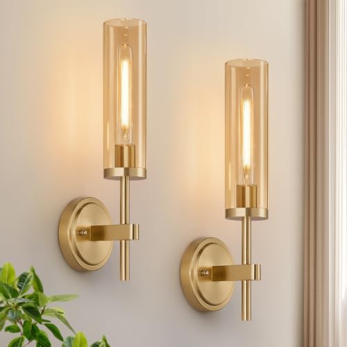 MOKATNG Hardwired Wall Sconces Set of Two, Brushed Gold Bathroom Sconces with Amber Glass, Modern Wall Light Fixtures for Bathroom Mirror Vanity, Living Room, Hallway, Stairway, Cabinet, Foyer by Bathroomlightfixtures