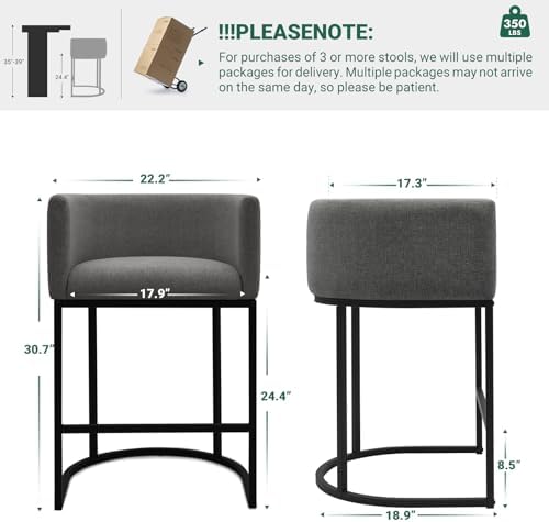 Counter Height Bar Stools Set of 3, 24 Inch Seat Height Barstools for Dining Room, Fabric Upholstered Bar Chair for Kitchen Island, Linen Counter Stools with Metal Legs, Carbon Black - Image 2