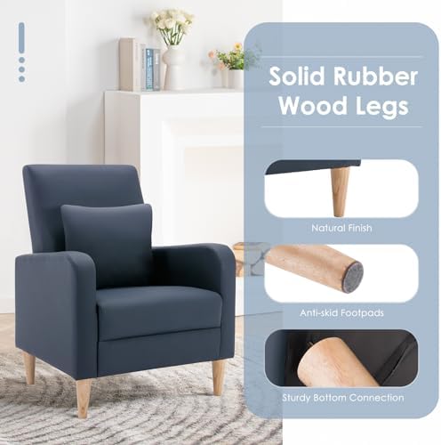 COLAMY Mid-Century Modern Accent Chairs Set of 2, Faux Leather Upholstered Living Room Chairs with Back Pillow & Solid Wood Legs, Comfy Armchair for Living Room, Bedroom, Single Sofa, Dark Blue - Image 5