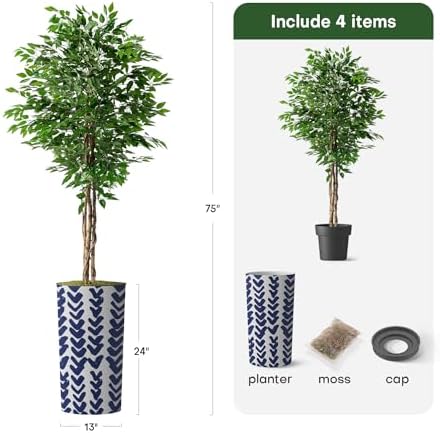 Artificial Tree in Modern Pattern Planter, Fake Ficus Silk Tree for Indoor and Outdoor Home Decoration - 75" Overall Tall (Plant Pot Plus Tree) - Image 3