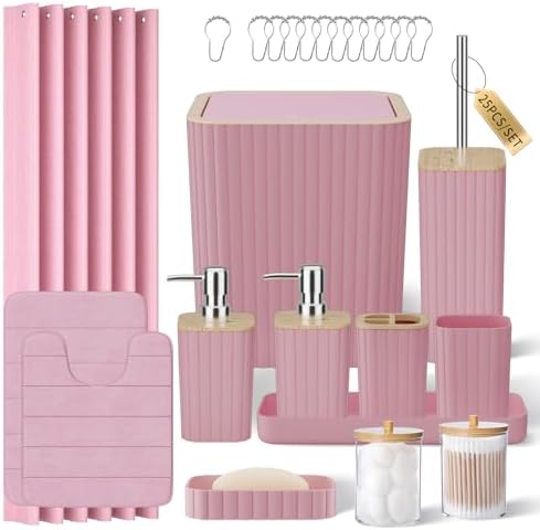 XLHOMO Bathroom Accessories Set - 25PC Pink Bathroom Set, Bathroom Set with Shower Curtain and Rugs, Pink Shower Curtain Set, Toilet Brush, Bathroom Trash Can by BetterbathroomwithXLHOME