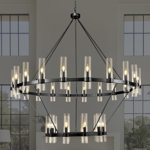 Black Wagon Wheel Chandelier 2 Tier, 60 Inch Chandeliers with Glass Shade, 30-Light Large Chandelier for High Ceiling, Modern Farmhouse Chandeliers for Living Room, Dining Room, Entryway and Staircase by VarttyalHomeDecorativeLight