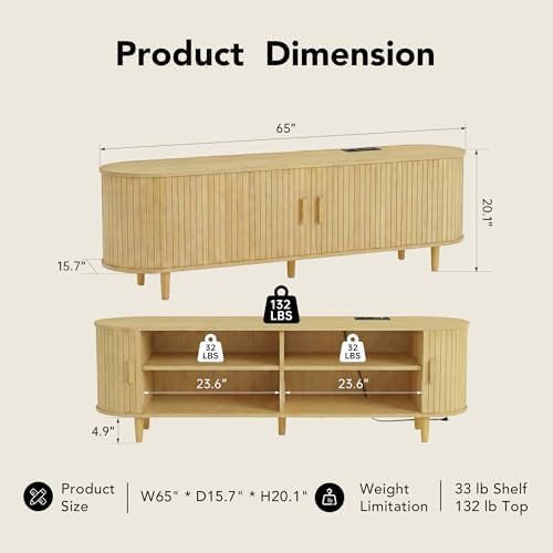 MXV 65" TV Stand with Sliding Doors for Living Room, Mid Century Modern Entertainment Center, TV Console with Fluted Door Cabinets and Power Outlet, Oak - Image 4