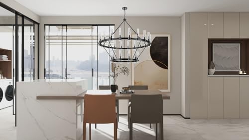 60 Inch Black Wagon Wheel Chandelier 2 Tier with Glass Shade, 30 Lights, Modern Farmhouse Style, Ideal for Dining Room, Kitchen, Entryways - Image 3
