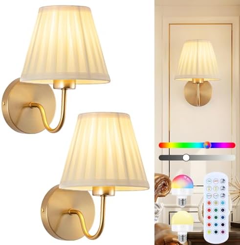 Vintage Battery Operated Wall Sconces Set of 2, Pleated Fabric Shade Gold Wall Lamp with Remote Control, Cordless Rechargeable Wall Sconces Fixtures for Bedroom, Living Room, Beside (2 Bulbs Included) by Unknown