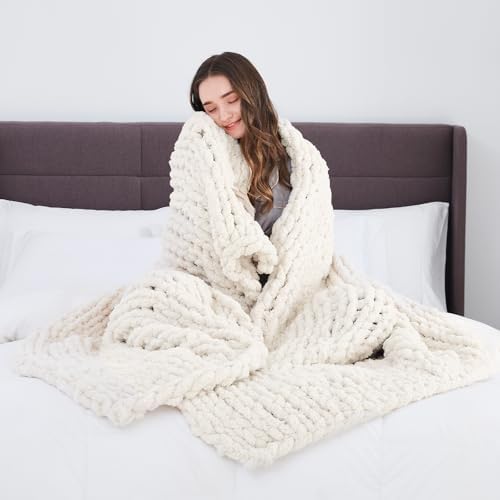 L'AGRATY Chunky Knit Throw Blanket for Couch, 72'' x 84'' Knit Throw, Ivory - Image 6