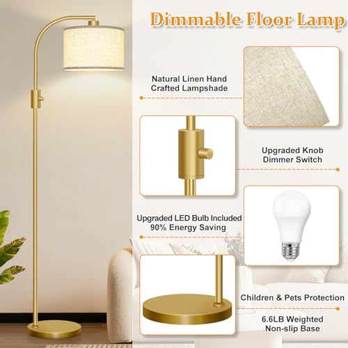 Nintiue Upgraded Modern Arc Dimmable Tall Standing Floor Lamp with Linen Shade, 1200 Lumens LED Bulb Included, for Living & Reading Room, Bedroom, Office & Nursery, Gold - Image 4