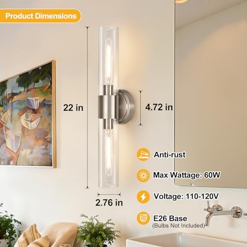 Wall Sconces Set of Two, Brushed Nickel Bathroom Sconces Wall Lighting with Clear Glass, Hardwired Modern Sconces Wall Decor Set of 2 for Bathroom Mirror Bedroom Living Room Hallway - Image 7