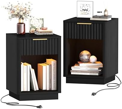Akxomel Fluted Nightstand Set 2 Bedside Table with Charging Station Black by Akxomel