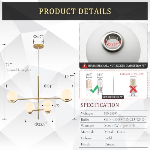CATINER Modern 31" 4-Light Gold Sputnik Chandelier with Milk Glass Globe - Image 4