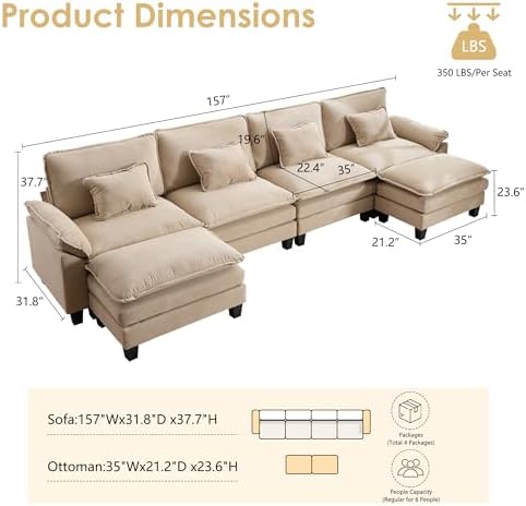 URRED Oversized Modular Sectional Sofa，Solid Khaki：157" U Shaped - Image 2