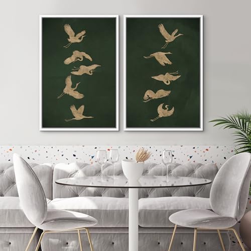 SIGNWIN Framed Canvas Print Wall Art Set Golden Cranes in Flight on Deep Green Illustrations Modern Art Rustic Colorful Ultra for Living Room, Bedroom, Office - 16"" x24 x2 White - Image 2