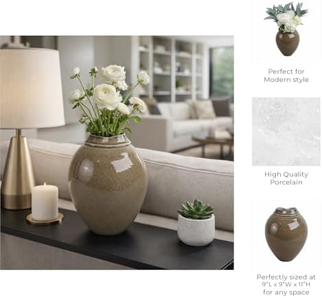 Glazed Oval Vase for Living Room Decor - Modern Stoneware Porcelain Flower Vase for Home, Bedroom, House or Office Table Accents - Timeless Accent Display for Study Room Decor - 11", Brown - Image 5