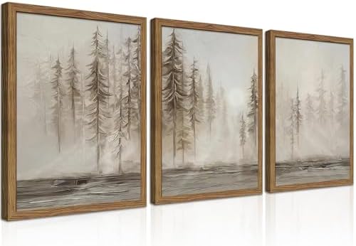 Framed Vintage Forest Wall Art Set of 3, Neutral Tree Landscape Canvas Wall Decor Paintings, Modern Abstract Nature Artwork Posters Prints Pictures for Living Room Office Bedroom 12x16 Inch by fancynewWallArt