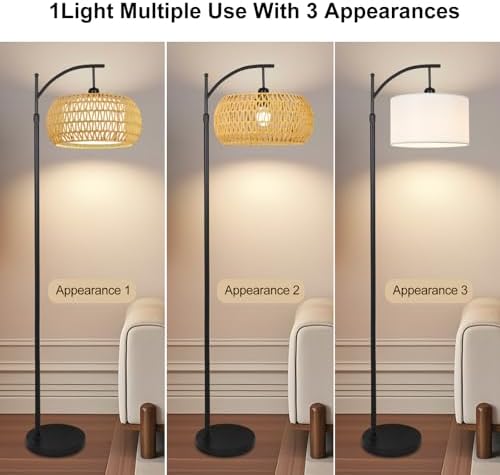 Arc Floor Lamps for Living Room Rattan Boho Floor Lamp with Remote Control,Dimmable LED Floor Lamp Wicker Lamp Shades Black Standing Lamp with 3 Color Temperature Tall Floor Lamps For Bedroom Corner - Image 3