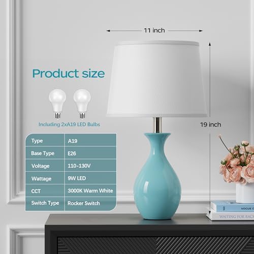 PARTPHONER Table Lamp Set of 2, Modern Ceramic Bedside Lamps for Night Stands, Classic Small Lamp Nightstand Lamp for Bedroom Living Room Desk End Table Rocker Swtich Sky Blue - Image 2