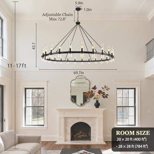 70" 24-Light Black Wagon Wheel Chandelier for High Ceilings Living Room - Image 4