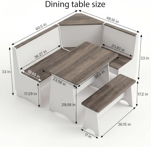 Farmhouse Breakfast Nook Table Set with L-Shaped Corner Bench & Hidden Storage – Space-Saving Dining Set for Small Kitchens, Reversible Bench Seating 3-4, Easy-Clean Waterproof Laminate (White + Gray) - Image 2