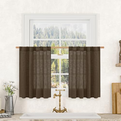 LAMIT Brown Sheer Linen Curtains 30 Inch Length for Cafe Small Window by LAMIT