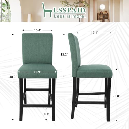 LSSPAID Counter Height Bar Stools Set of 2, 25 Inch Upholstered Fabric Barstools, Modern Kitchen Island Chairs with Backrest and Solid Wood Legs, Green - Image 2