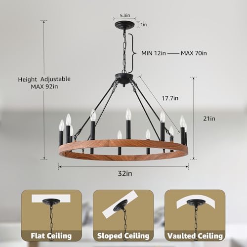 Wood-Grain Wagon Wheel Chandelier 32-Inch Modern Farmhouse Chandelier - Image 3