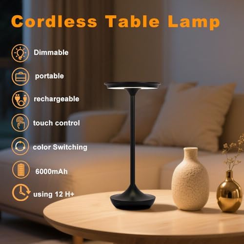 Rechargeable Cordless Table Lamp,Portable Outdoor Battery Operated LED Table Light Touch Control 3 Color Dimmable for Bedroom, Patio, Cofee,Dining Home,Restaurant&Living Room-Black - Image 2
