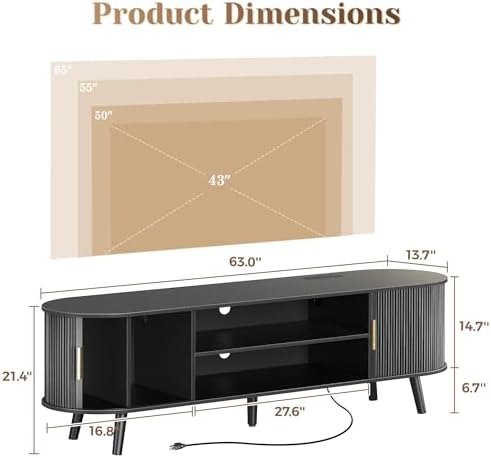 PRAISUN 63 Inch Fluted TV Stand for TVs up to 55, 65 Inch, TV Media Console with Power Outlets and USB-C Port, Entertainment Center with Storage, Curved Sliding Doors, Adjustable Shelf, Black - Image 3