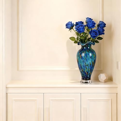 12.2H Murano Hand Blown Glass Vase, Ruffled Scalloped Rim Wide Mouth Colorful Decorative Flower Vase,Large Glass Centerpiece for Living Room,Bathroom,Office,Bookshelf,Entryway,Mantel Decor(Light Blue) - Image 5