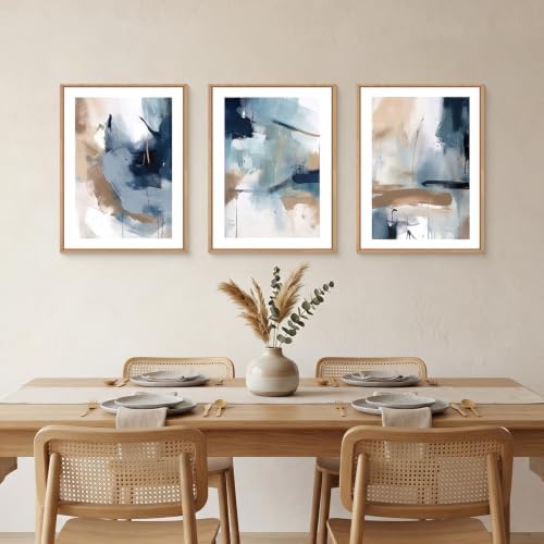 LHIUEM Abstract Navy Blue Framed Canvas Wall Art,Neutral Brush Stroke Wall Decor,Modern Pastel Brown Wall Painting,Minimalist Shapes Artwork for Living Room,Bedroom,Office- 12''x16''x3 - Image 3