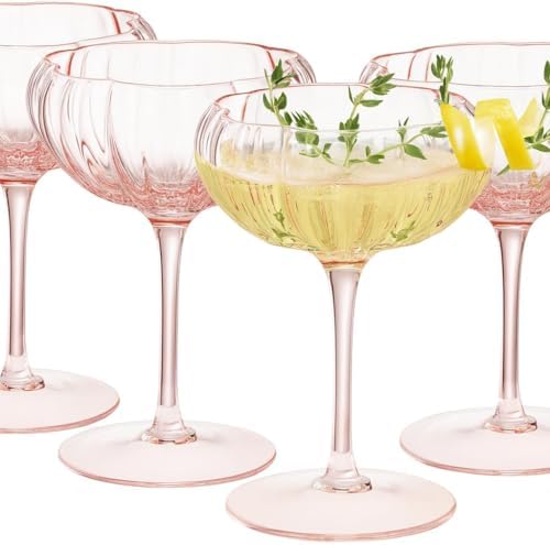 Khen Flower Modern Wavy Glass Coupes Martini, Champagne & Cocktail Coupes - Set of 4-7.7oz Colorful Cocktail Glasses for Prosecco, Mimosa - Blush Pink - Image 2