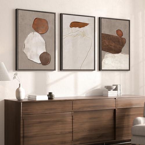 Large Framed Beige and Brown Neutral Abstract Wall Art, Set of 3, 20x30 In - Image 2