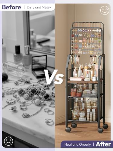 SWTYMIKI Rolling Jewelry Organizer Stand, Metal Jewelry Display Storage Holder with Large Capacity Drawer & Wheel, 35 lb Weight Capacity, Stores Necklace, Earring & Bracelet - Image 6
