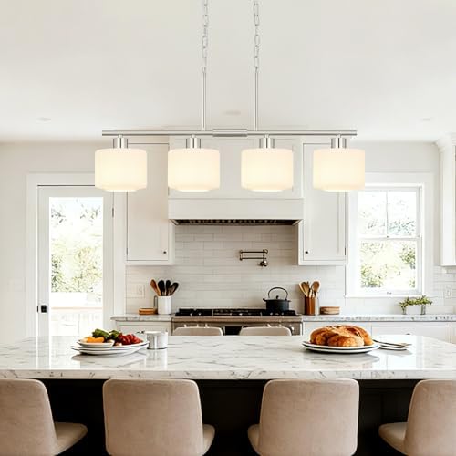4-Light Brushed Nickel Kitchen Island Lighting, Modern Linear Dining Room Chandelier Light Fixtures with Milk Glass and Chain, Mid Century Hanging Lights for Kitchen Island, OS-YQ8153-4ISBNW - Image 5