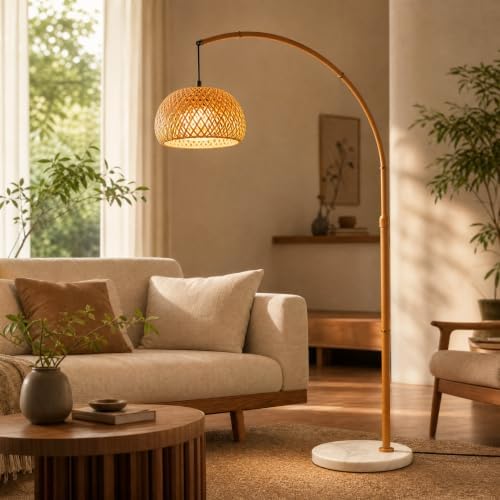 Boho Bamboo Arc Floor lamp, Tall Standing Lamp for Living Room by MIXL