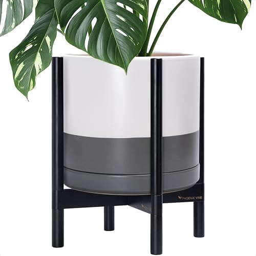 D'vine Dev Ceramic Pot with Ebony Wood Stand, White/Grey, 14 in, 55-B-S-6 by DvineDevPlanterPotsandStand