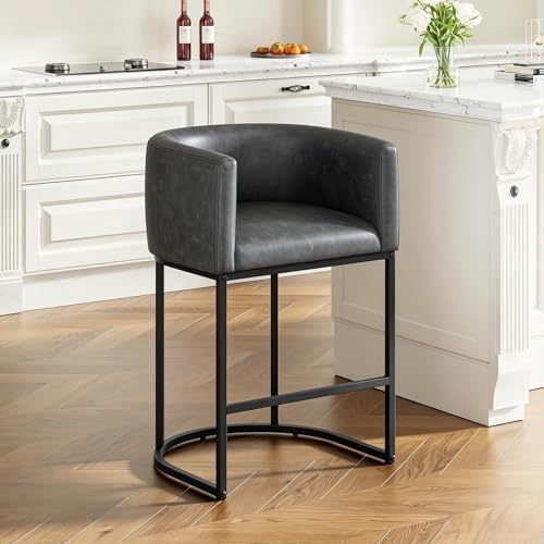 26" H Counter Height Bar Stools, Modern Barrel Counter Stools with Backrest and Arms, Faux Leather Upholstered Accent Barstools for Kitchen Island,Support 450 LBS (Black) by VATROS