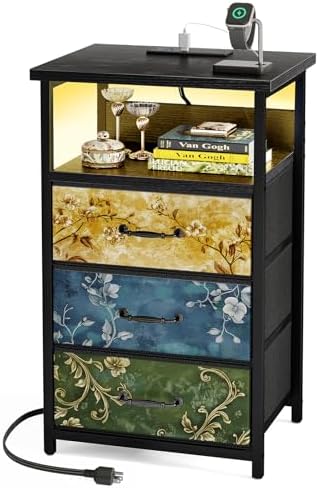 Fixwal Night Stand with 3 Fabric Drawers, Nightstand with Charging Station by Fixwal