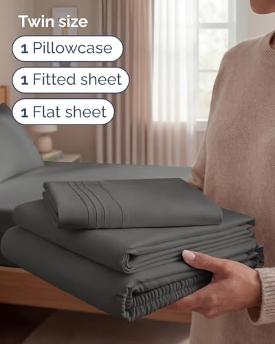 Twin Size 3 Piece Sheet Set - Comfy Breathable & Cooling Sheets - Charcoal - Image 3