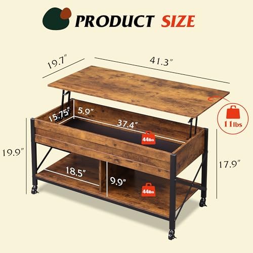WLIVE Coffee Table Rustic Brown, 41.3" Lift Top Coffee Table with 4 Wheels - Image 3