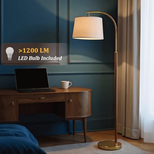 65” Walnut Gold Arc Floor Lamp for Living Room, 1200 Lumens 3-Level Brightness Mid Century Modern Floor Lamp for Bedroom, Wood Vintage Gold Standing Lamp, Adjustable Lampshade, LED Bulb Included - Image 3