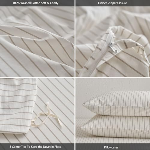 MooMee Striped Duvet Cover Set 100% Washed Cotton Linen Like Cal King - Image 6