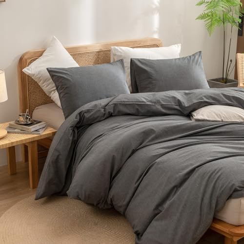 BESTOUCH Cotton Solid Duvet Cover Set Linen Feel Dark Grey Oversized Full - Image 5