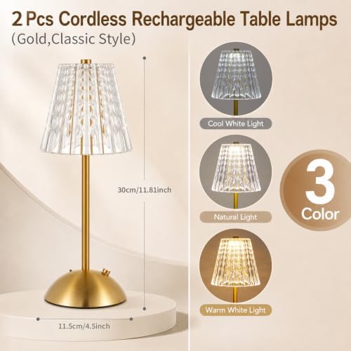 2 Pcs Cordless Table Lamp Rechargeable Touch Lamp,Gold Classic - Image 2